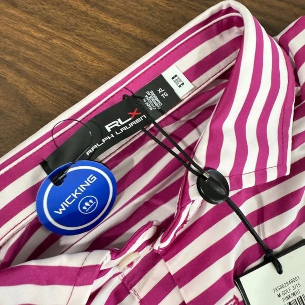 NEW RLX Ralph Lauren Mens XL Golf Performance Moisture Wicking Pink White Stripe